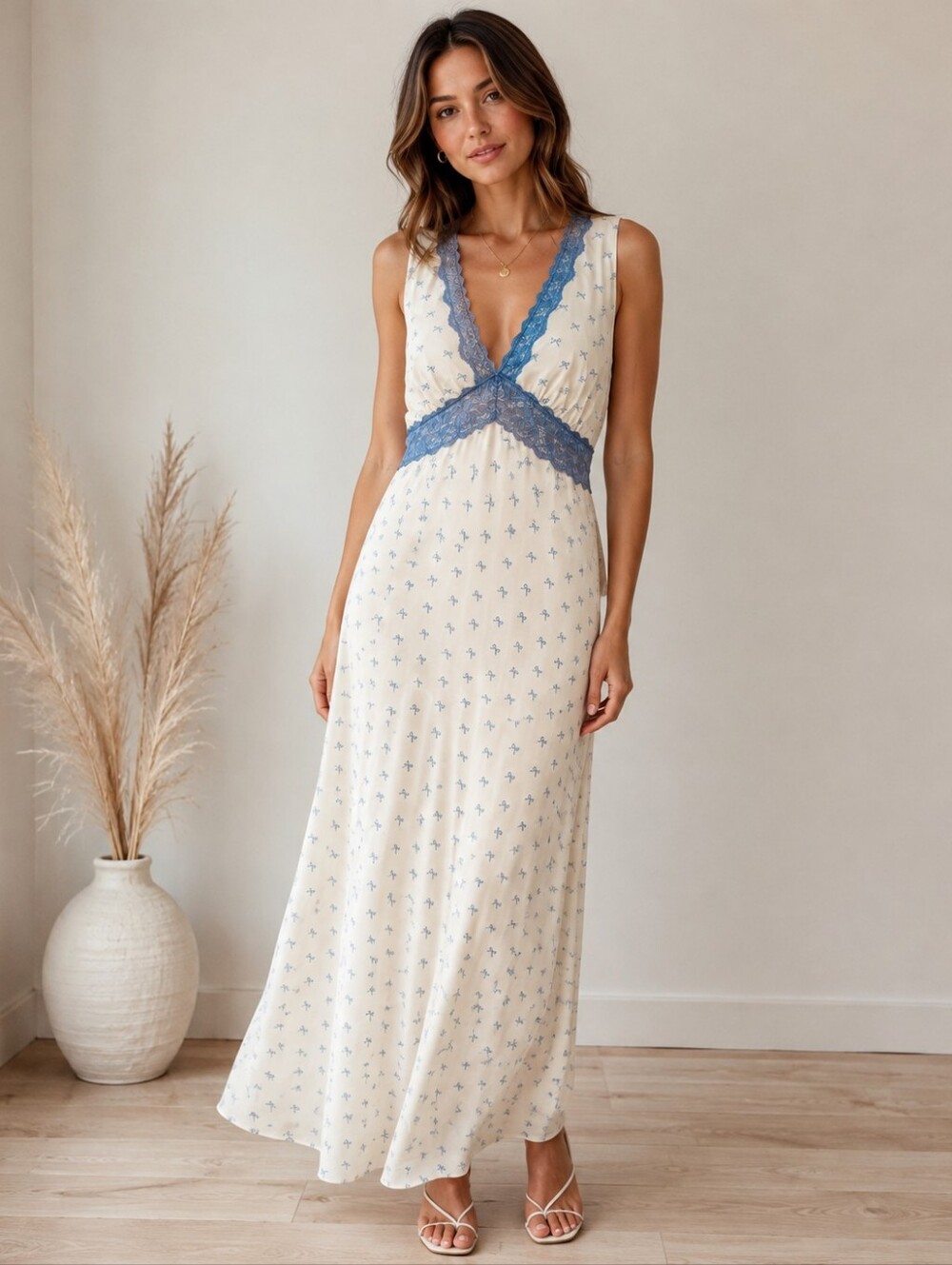 LE LIS NWT Collection Blue Bow Lace Trim Maxi Dress Size M Coquette Romantic
